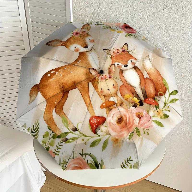 1pc Forest Animals Automatic Folding Umbrella, Heavy Duty 8 Rib Iron Frame,  Suitable for Travel, Daily Use, Birthday, Decor Gift M0104046