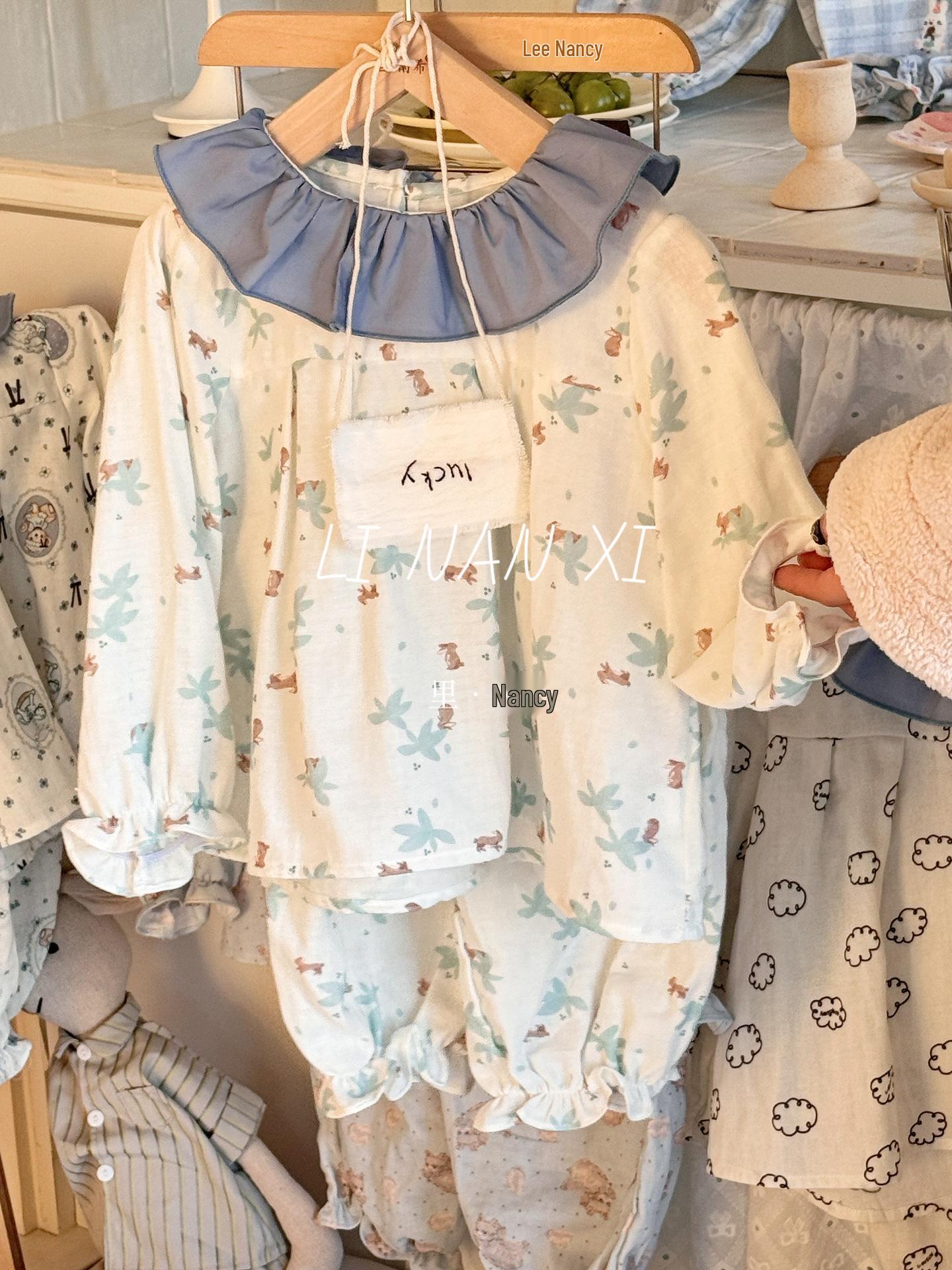 

Осенний комплект пижамы для маленькой принцессы 2025: Оборка по краю, воротник Питер Пэн, милая пижама 85025