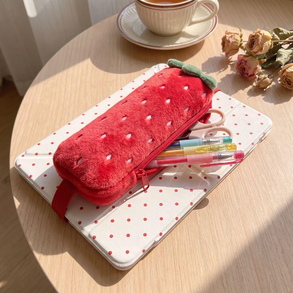 Printed Pencil Storage Bag Large Capacity Pen Organizer Plush Strawberry Pencil Case  Children