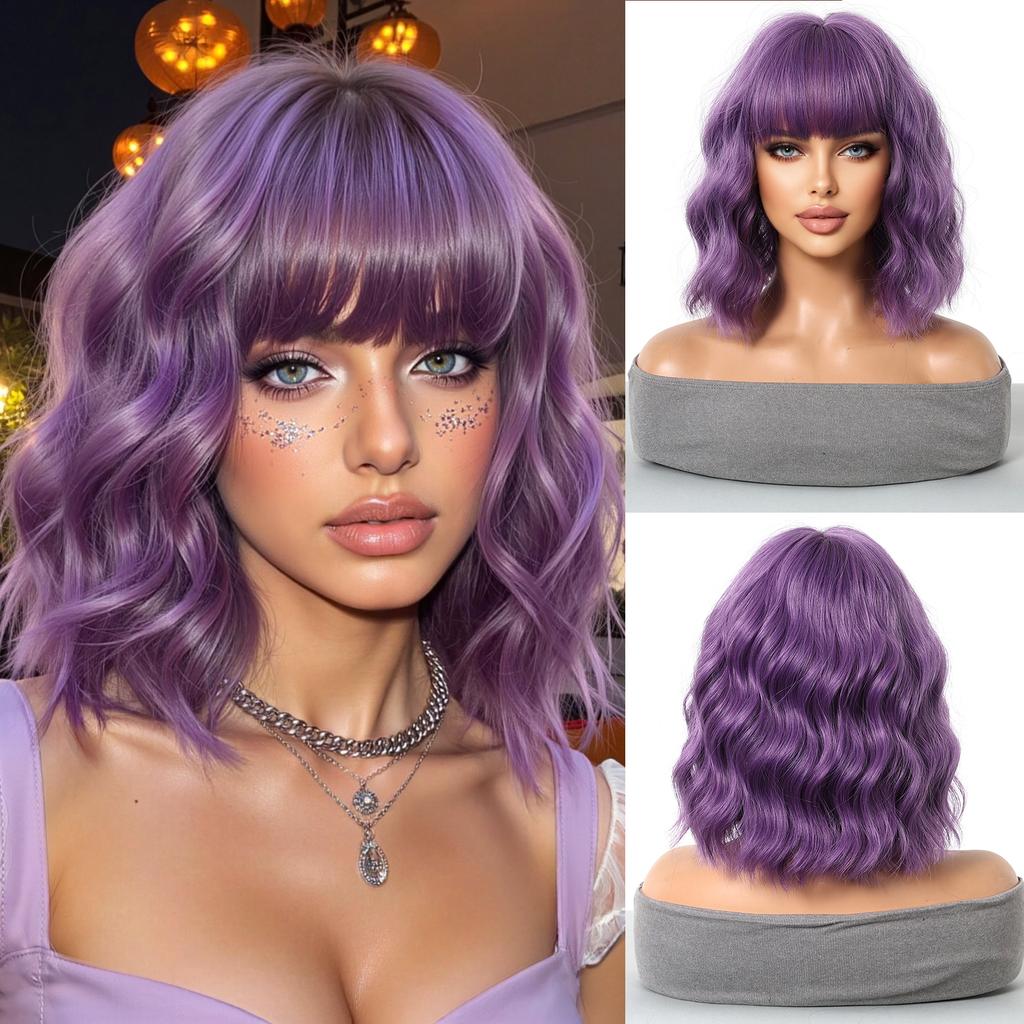 Pink Purple Mixed Blue Curly Wavy Synthetic Wigs with Bangs for Women Colorful Party Cosplay Natural Hair Wig Heat Resistant Use