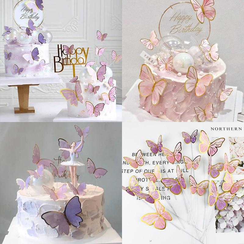 10pcs Dessert Cake Decor Butterfly Stamping Gold Butterfly Cake Toppers Princess Girl Wedding Happy Birthday Party Decor