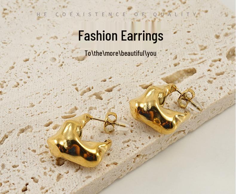 European & American Fashion Versatile Irregular Earrings - Titanium Steel Electroplated 18K Gold Women's Earrings