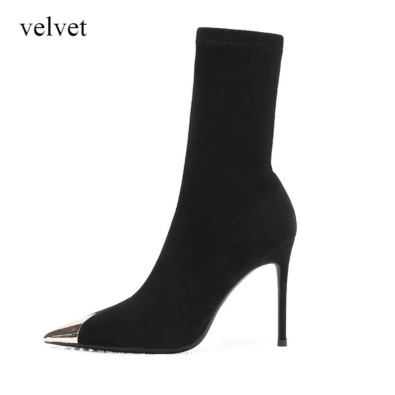2026 Autumn and Winter Black Short Boots Women's Thin Heels Pointed High Heels Metal Head Elastic Thin Boots One Pedal Mid-Calf