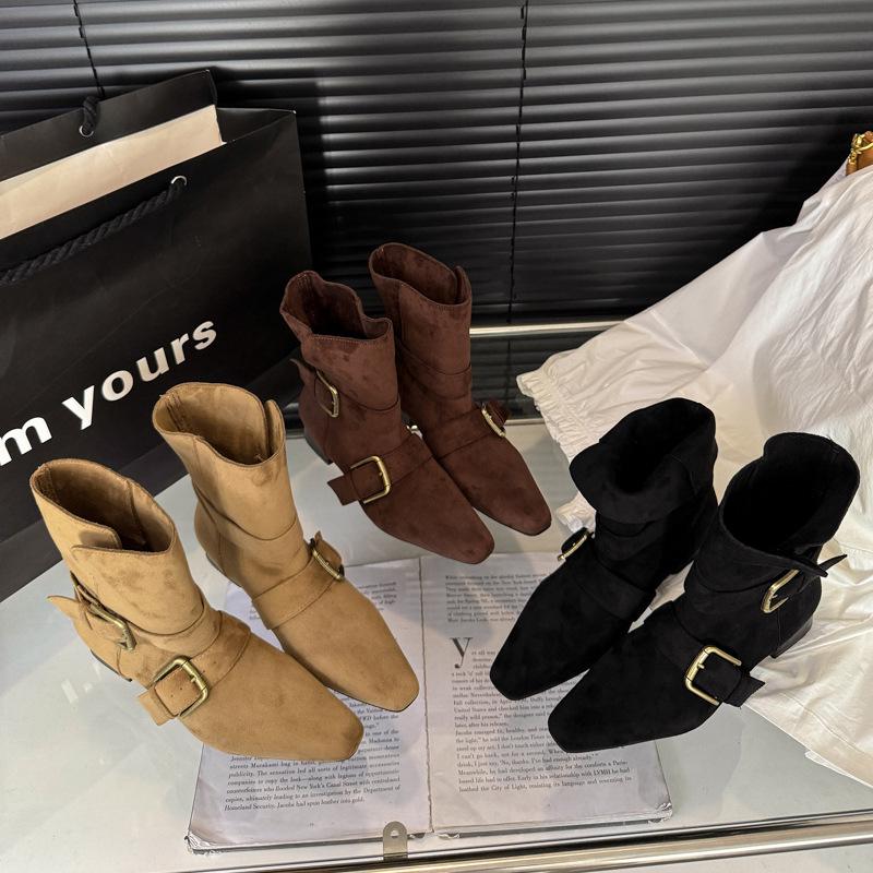 Women's Square Toe Chunky Heel Suede Western Ankle Boots - Retro Cowboy Martin Style for Spring & Autumn 2025