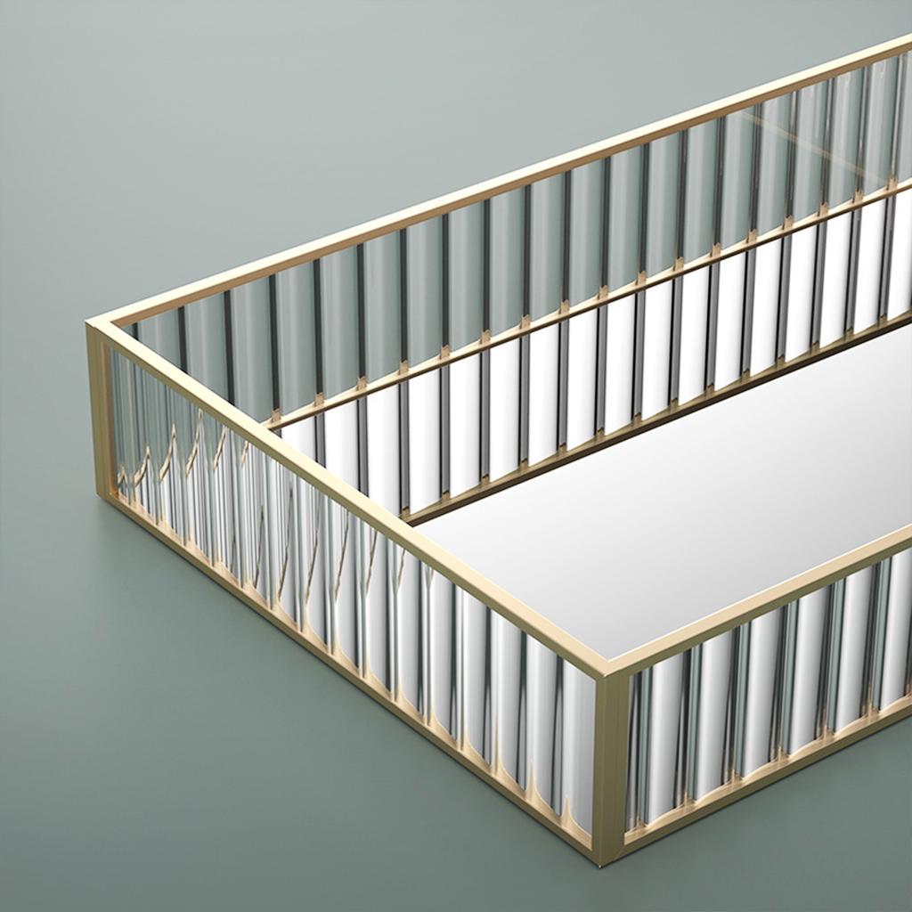 Small Striped Glass Tray with Brass Frame & Mirror Cosmetic Organizer for Vanity Desk