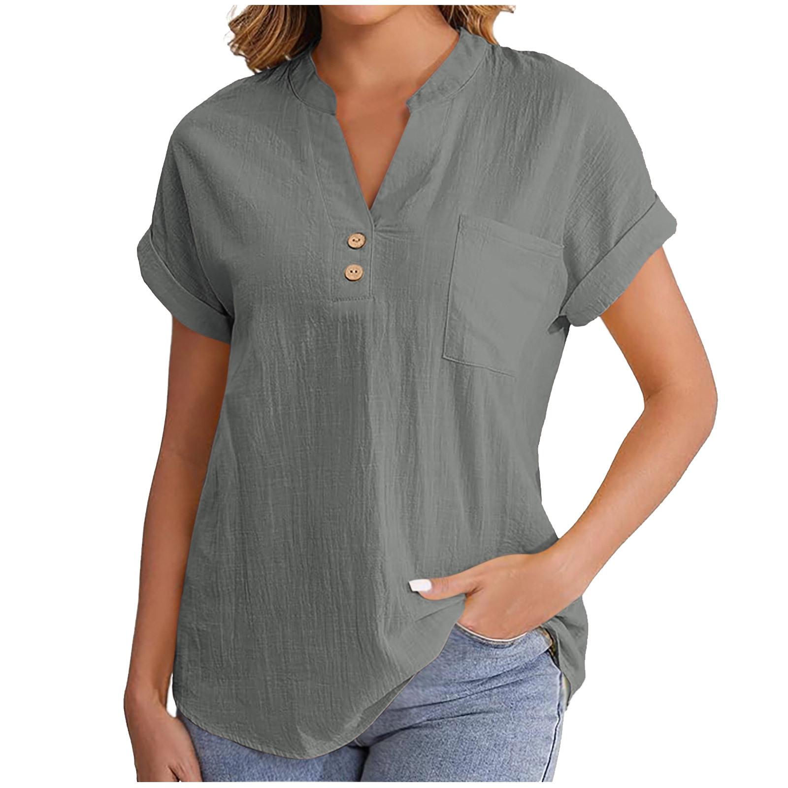 

Women s Solid Color V-neck Short Sleeve Button Shirt In Breathable Cotton Linen with Washed Wrinkle, Fashionable European/American Style S темно-серого
