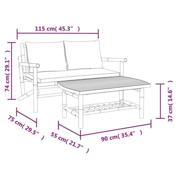 VidaXL Salon de jardin 2 pcs avec coussins blanc crème bambou, ensemble de salon de jardin, salons de patio, siège de 363461