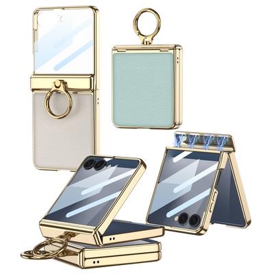 Suitable for Samsung Z Flip7 Mobile Phone Case Magnetic Folding Hinge Plain Leather Pc Electroplate Finger Ring Holder Shell Film Full Packaging