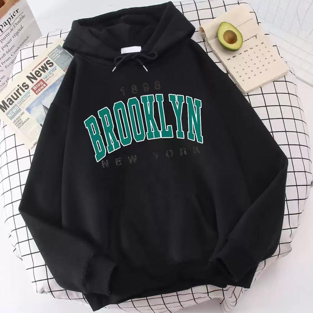Women Brooklyn Letter Print Hoodie Fleece Lined Thick Oversized Loose Pullover Sweatshirt American Street Chic Lazy Style Autumn Winter Casual Top