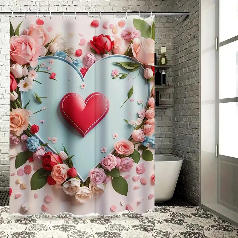 Heart-Shaped Floral Shower Curtain - Waterproof, Mildew-Resistant, Romantic Design Adds Extra Charm to Your Bathroom