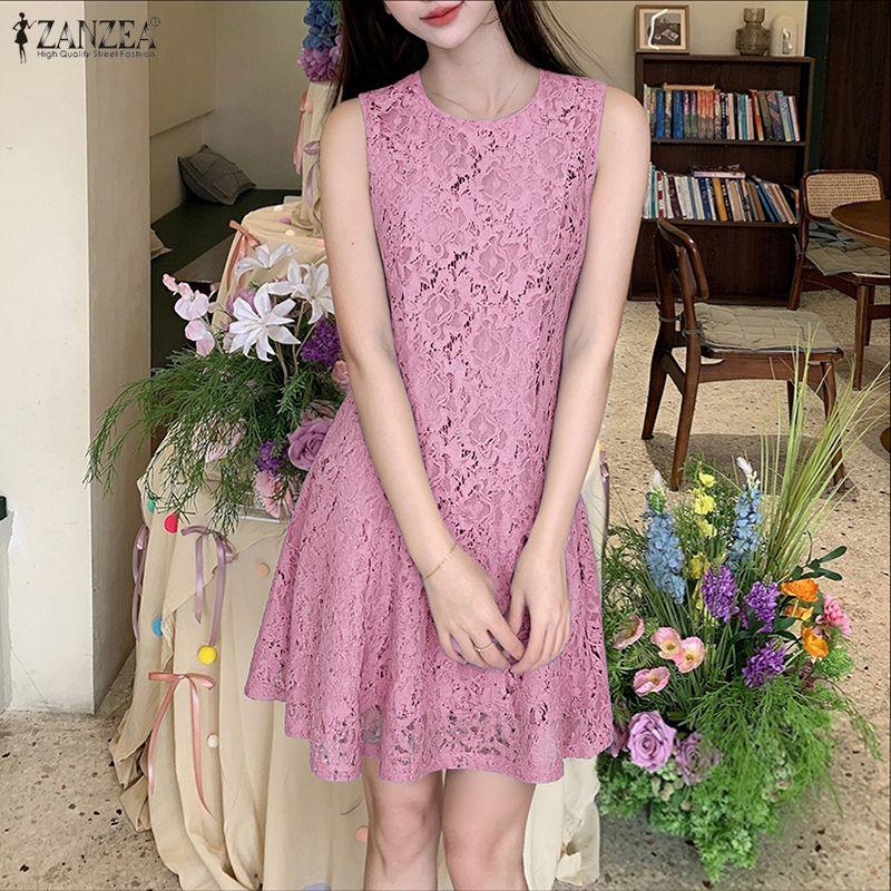 ZANZEA Women Round Neck Summer Casual Sleeveless Patchwork Lace Dress