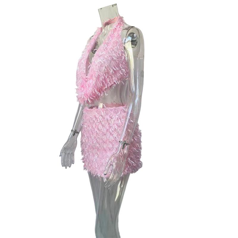 European & American Sexy Halter V-Neck Slimming Short Skirt Set for Women