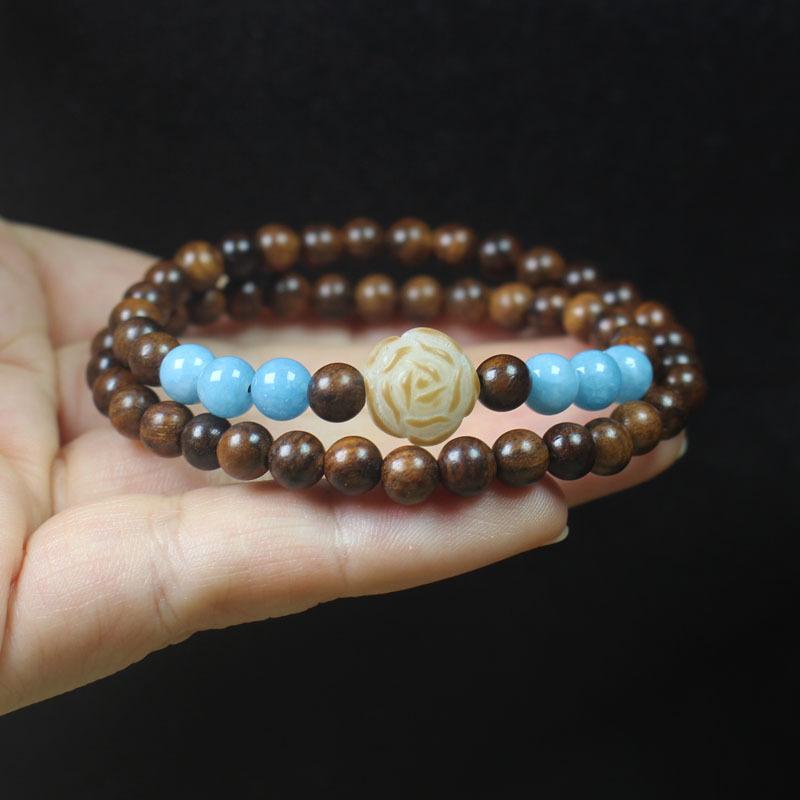 Black Rosewood Beaded Bracelet with Bodhi Flower Buddhist Prayer Beads