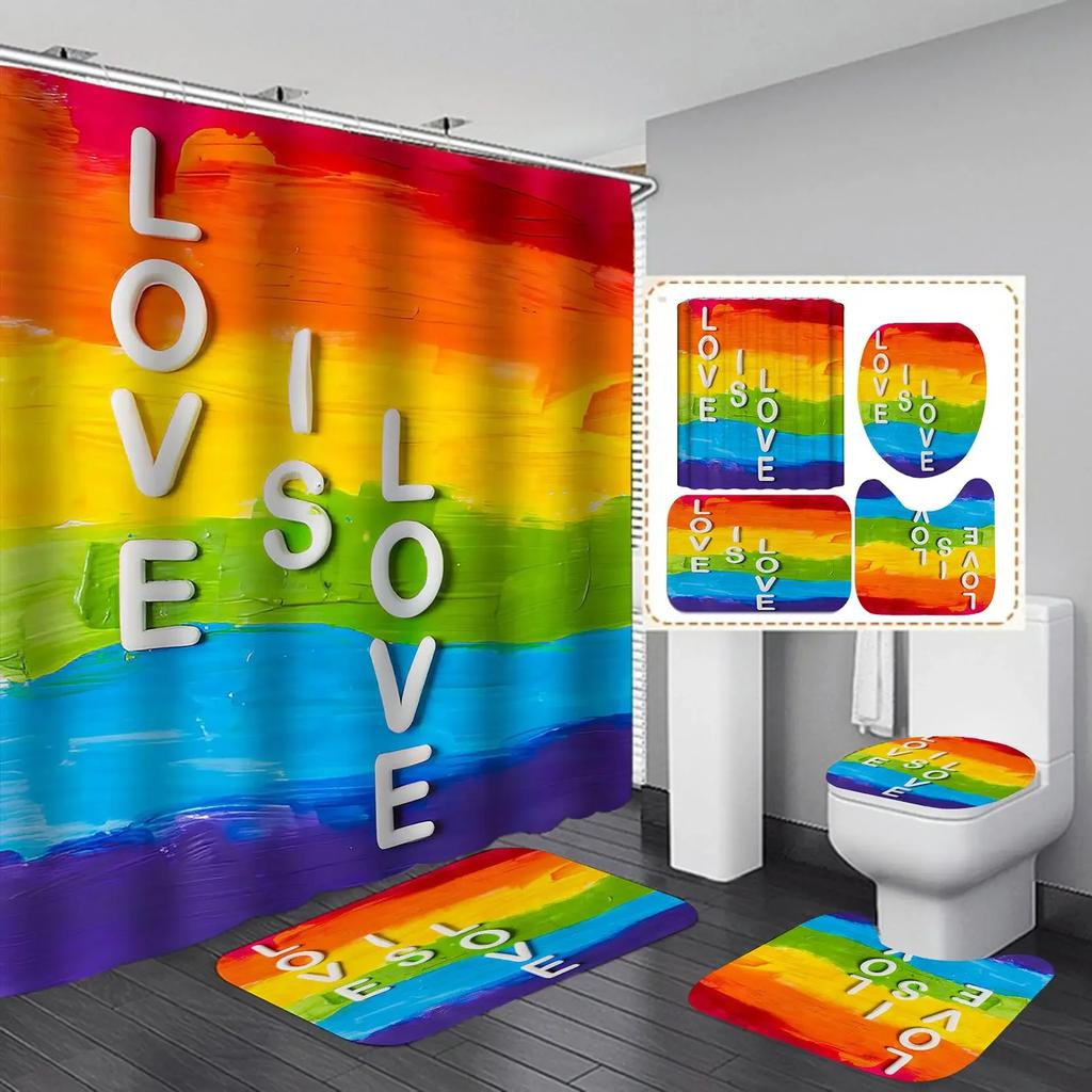 Rainbow Pride Gay Flag Shower Curtain Set Bath Mat Bathroom Toilet Carpet Floor Rug Lesbian Peace Lgbt Home Decor