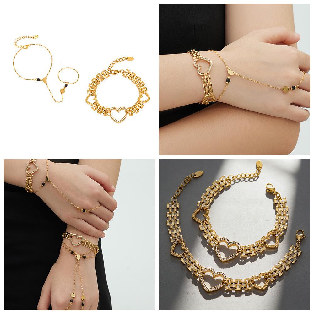 18K Gold-Plated Stainless Steel Heart Watch Strap & Natural Stone Ring Set with Cubic Zirconia