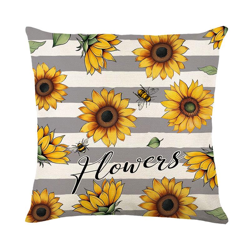 Sunflower Pillow Cover Linen Printed Summer Bee Pillow Cover for Living Room Sofa Cushion Cover