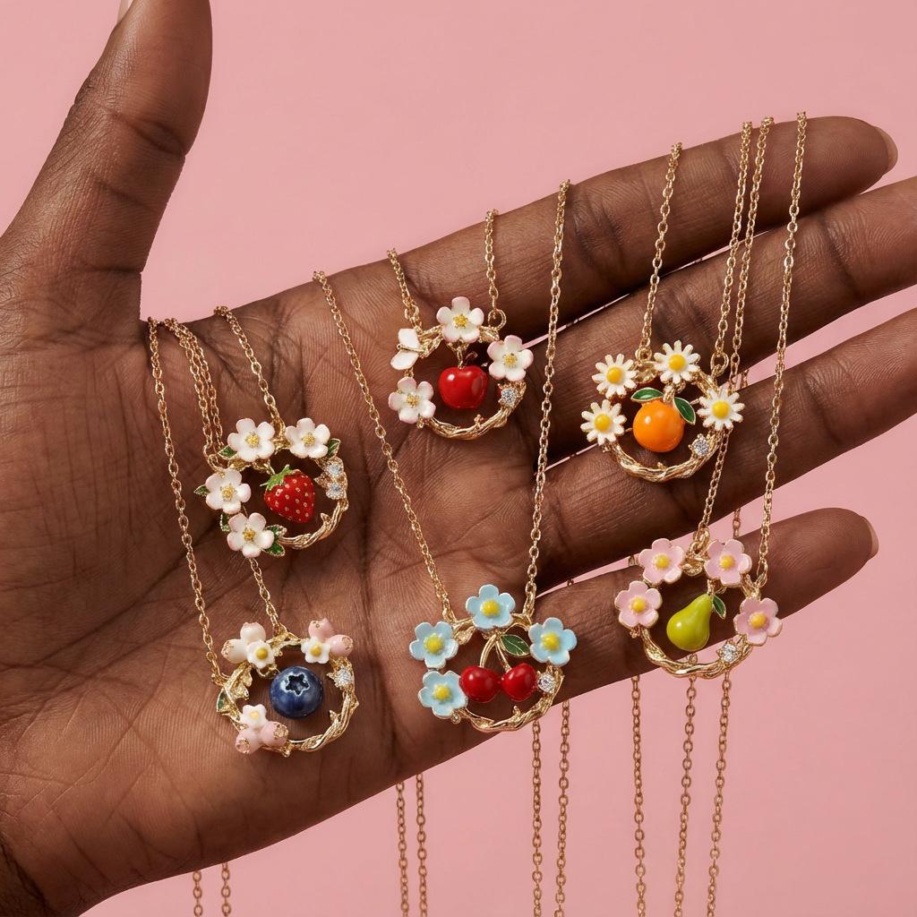 Retro Color Small Daisy Flower Fruit Series Strawberry Cat Paw Pendant Necklace Color Dripping Oil