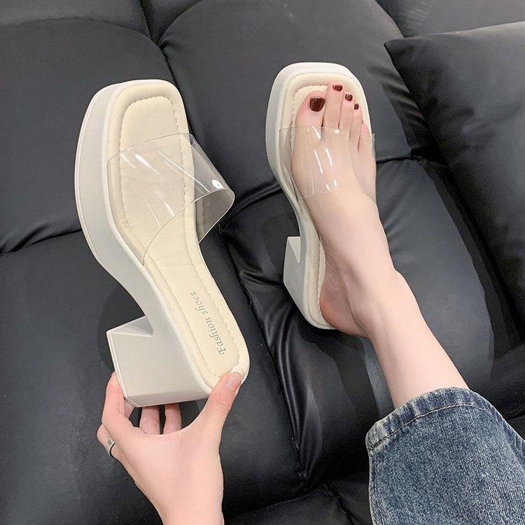 Muffin one-word drag open-toed thick-soled outer slippers new summer transparent high-heeled fairy sandals