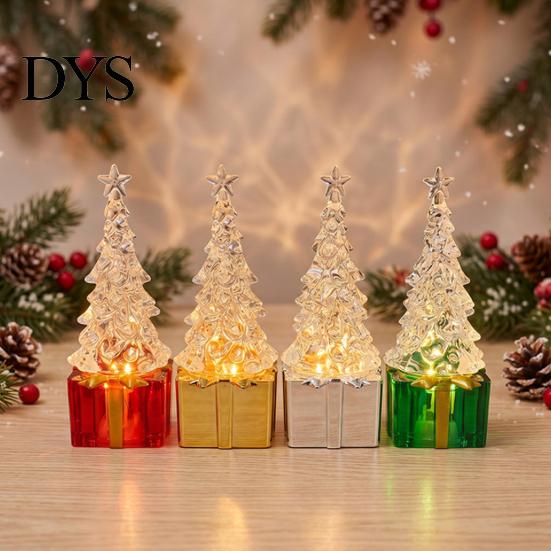 Christmas Party Atmosphere Decor Mini LED Light Up Faux Crystal Tree Figurine, Lighted Xmas Safe for Children Table Centerpiece with Gift Box