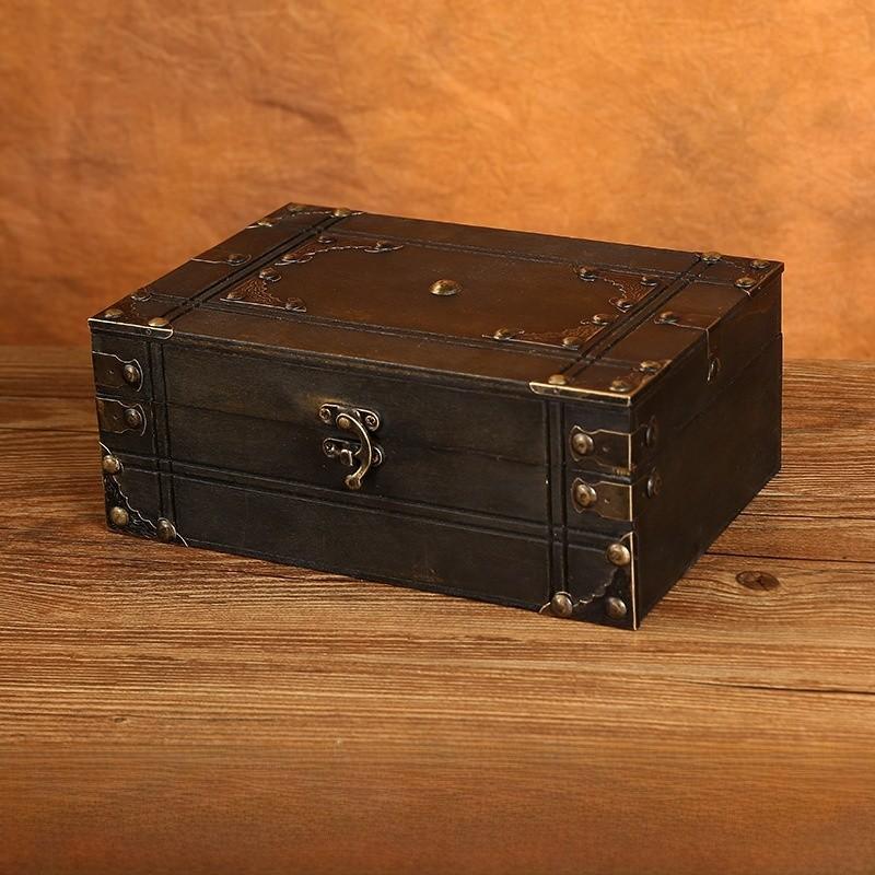 Vintage Chinese Style Wooden Square Storage Box With Lock For Desk Organizer