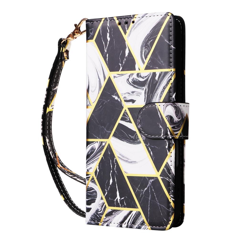 For iPhone 17 Case Lacquered Marble Pattern Leather Phone Cover with Wrist Strap