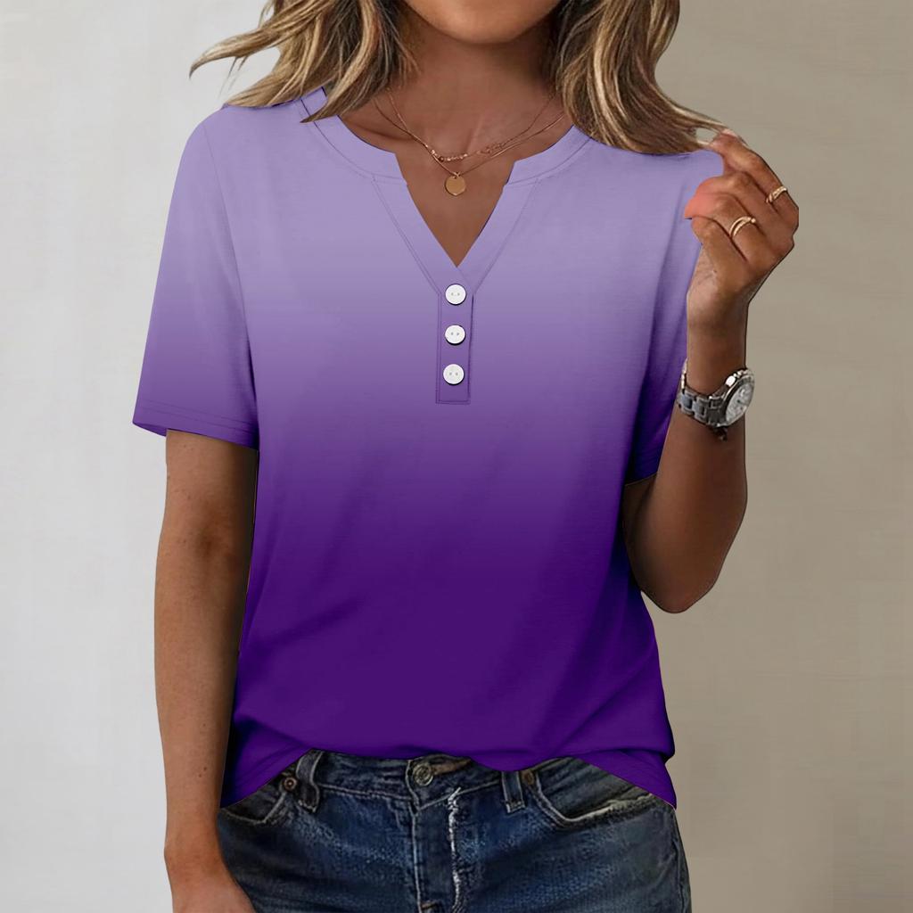 Women's Fashionable Casual Short-sleeved Gradient Printed V-neck Top