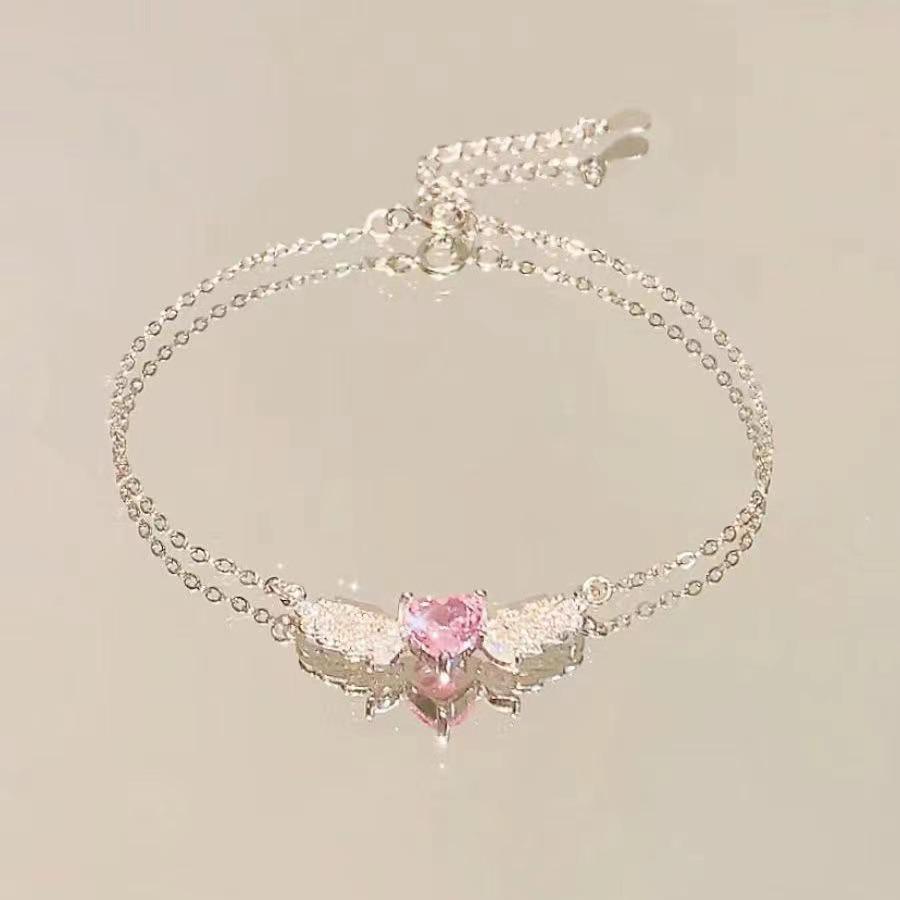 Pink Diamond Heart Angel Wings Bracelet: Elegant Luxury Gift for Women