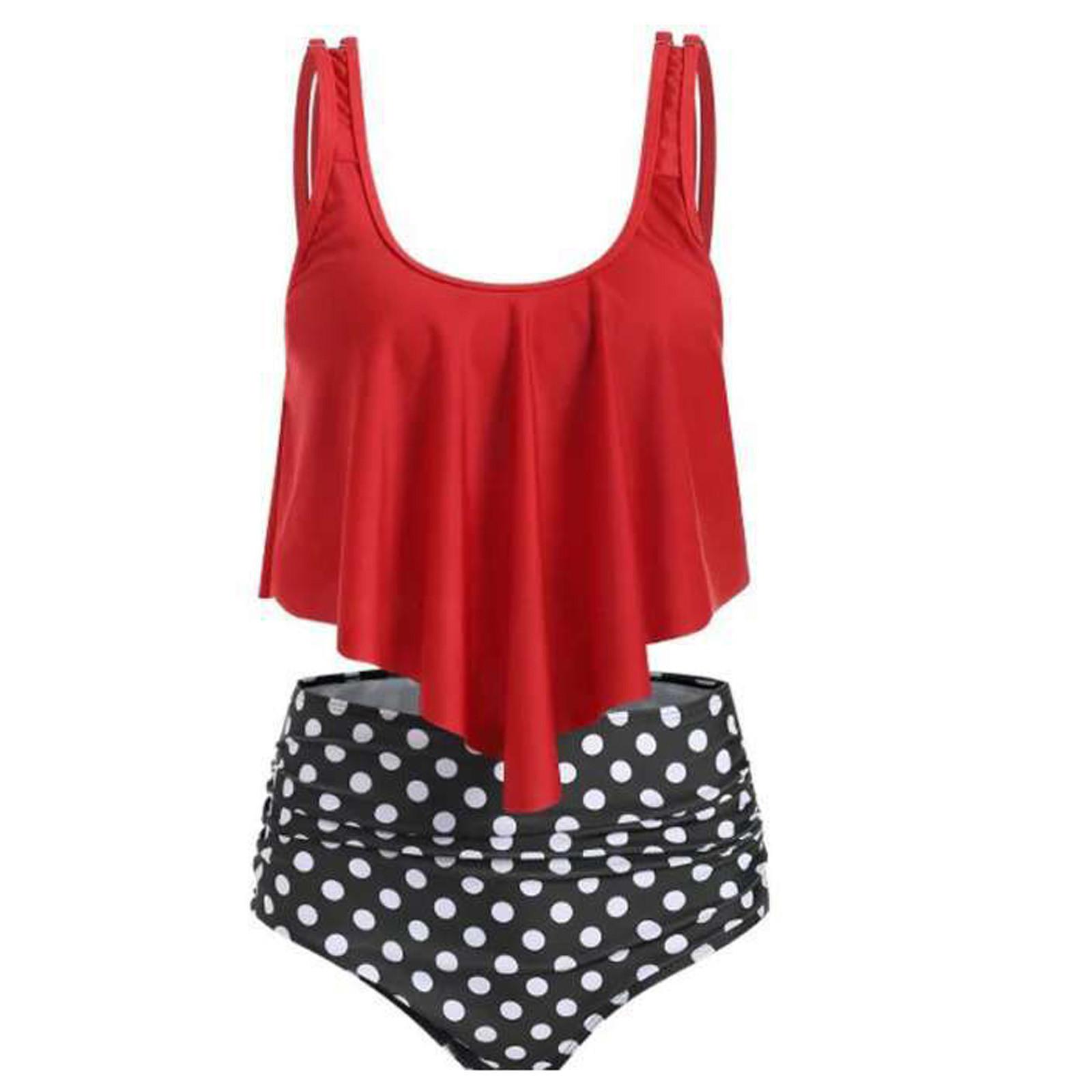 

Бікіні з рюшами прикриває живіт і демонструє тонкий жіночий купальник з розрізами S червоний