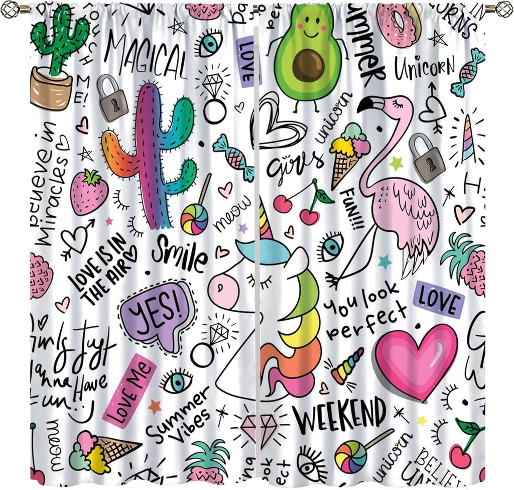 Unicorn Curtains Kids Room Colorful Cute Cartoon Rainbow Clouds Stars Print Window Treatments Drapes Curtain With Rod Pocket Polyester Perfect For