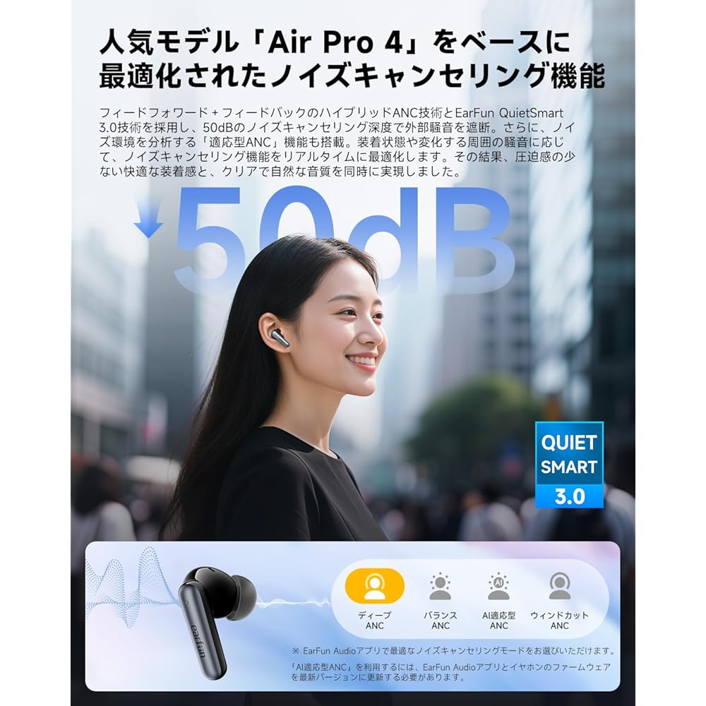 EarFun Air Pro 4i Wireless Earphones Bluetooth 5.4/50dB Hybrid ANC Reduction/Hi-Res LDAC Compatible/3D Sound/11mm Titanium