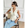 New Women's Sleeveless Top, French Style Solid Textured V-neck Waist-cinched Casual Blouse