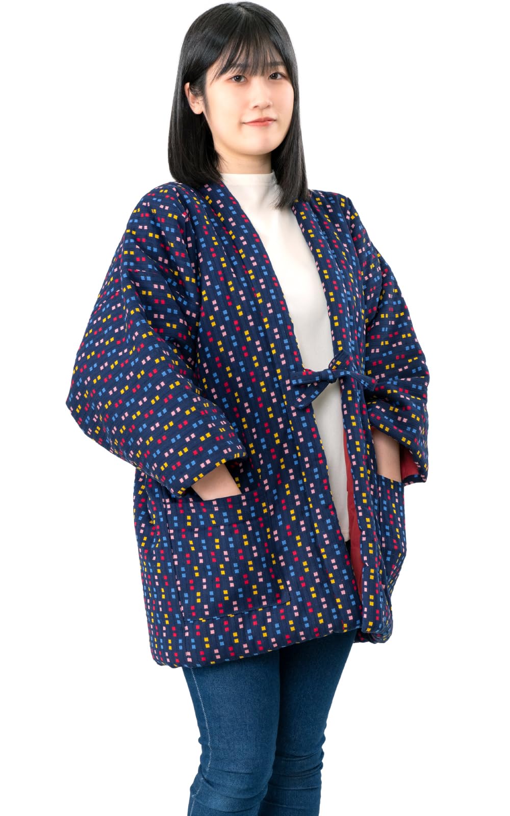 

[Ai-Ai] Japanese-made Kurume padded hanten (short coat) for women, cube pattern, navy blue.