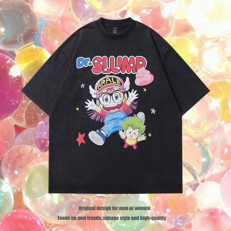 Sweet And Cool Cartoon Printed Washed Short-Sleeved Couple T-Shirt Men'S American Street Retro Trendy Brand Half-Sleeved Backing Tee