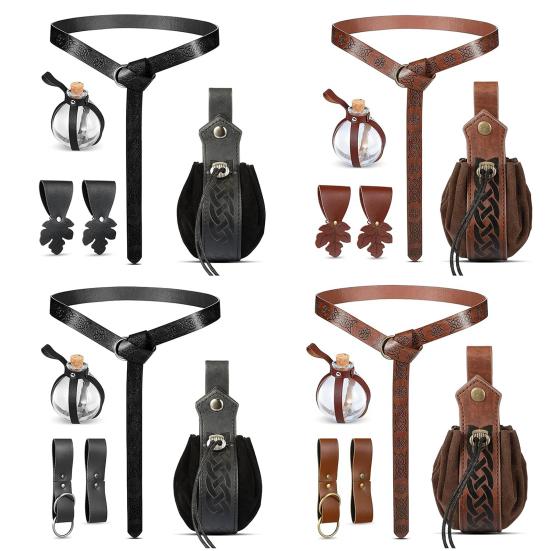 Renaissance Belt with Potion Bottles Adjustable Faux Leather Waist Bag Halloween Viking Costume Accessory