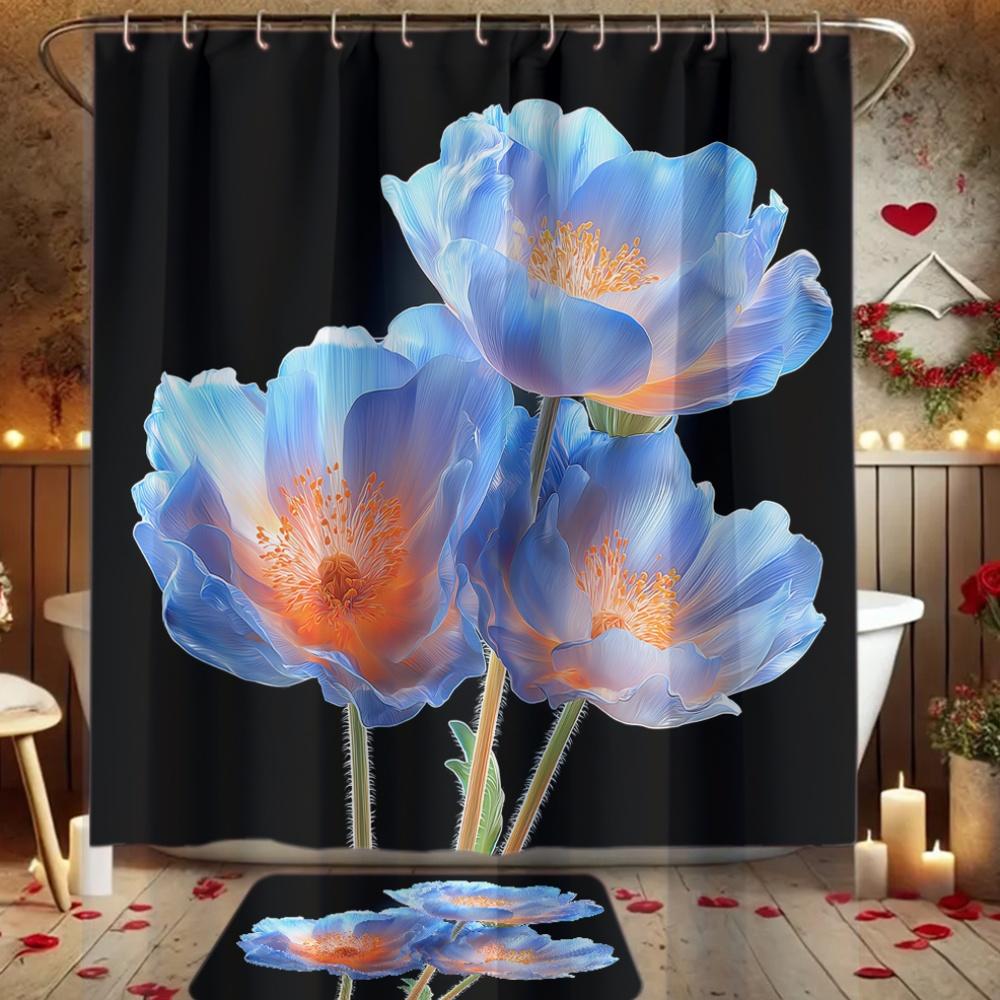 4Pcs Blue Flower Blooming Shower Curtain Set with Non-Slip Bath Mat, Toilet Lid Cover, Contour Rug & 12 Hooks, Bathroom Decor