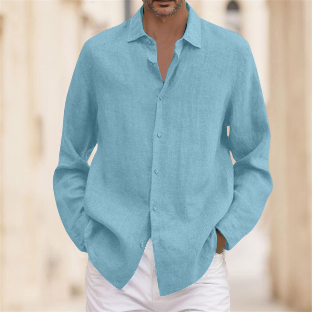 A Man In A Four- Cotton And Linen Long-sleeved, Lapel, Loose Button Cotton And Linen Cardigan Shirt