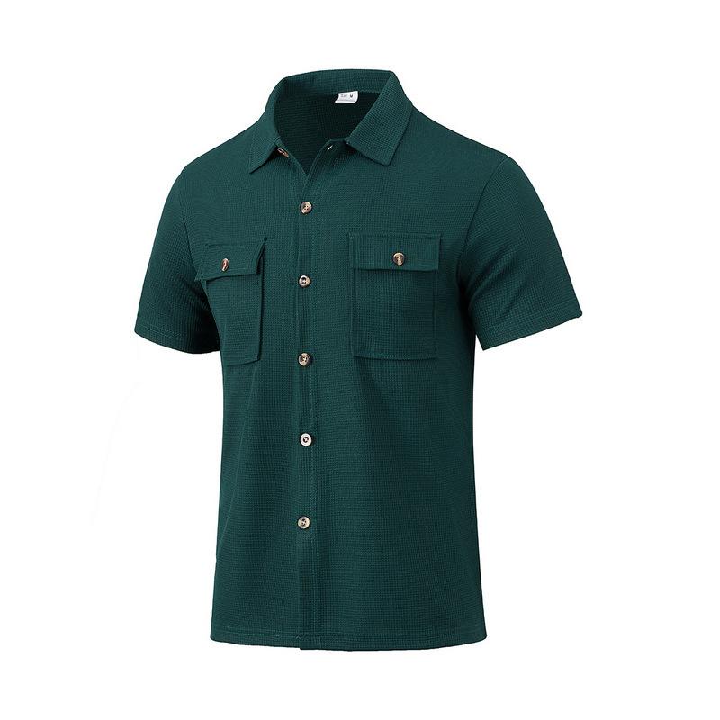 Summer European and American men's waffle short-sleeved casual solid color lapel button-up pocket tooling shirt