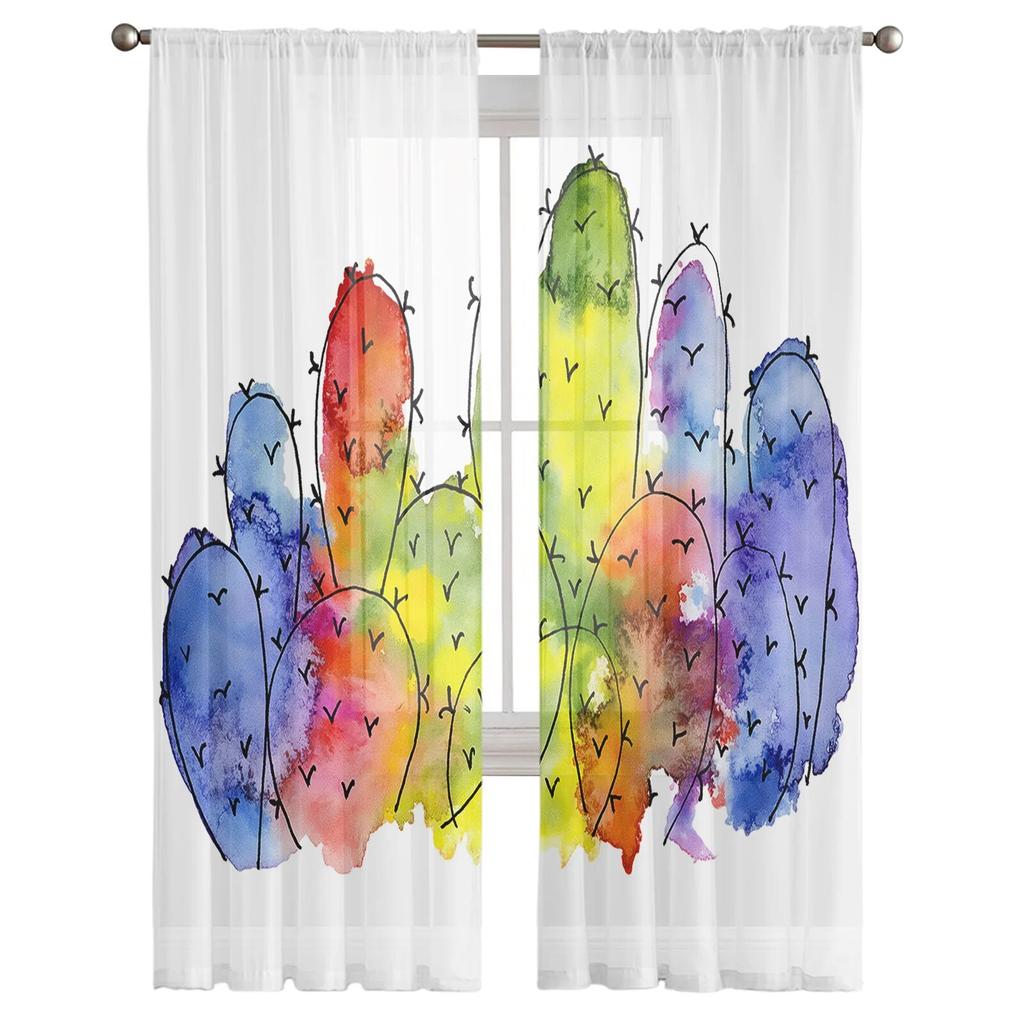 Watercolor Lines Cactus Chiffon Sheer Curtains For Living Room Home Decoration Window Voile Tulle Curtain Drapes