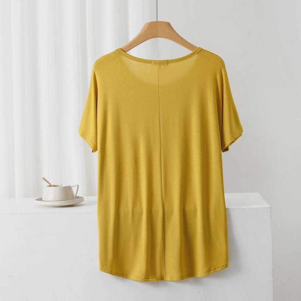 Sommar Lös Passform Modal T-shirt: Kort fram, lång bak, Plusstorlek Fladdermusärm