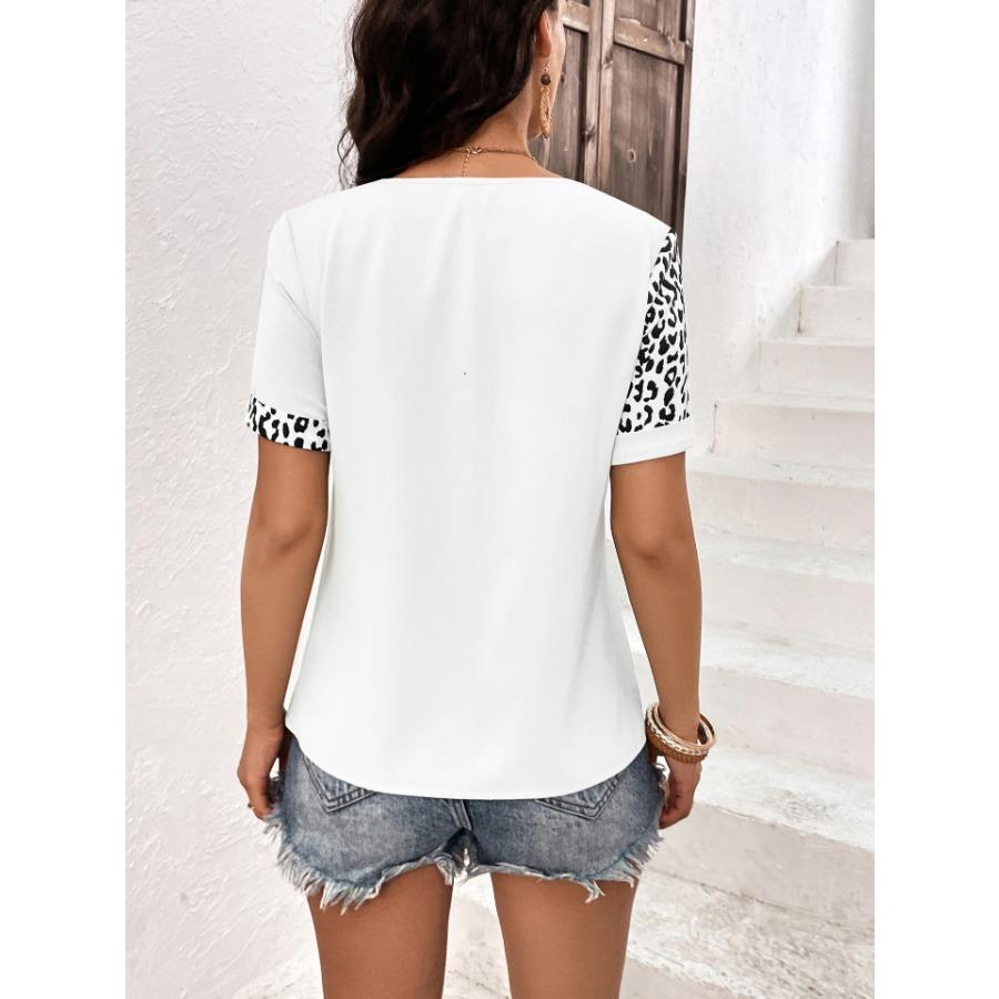 Women's Summer Leopard Print Patchwork T Shirt Round Neck Short Sleeved Top for Women