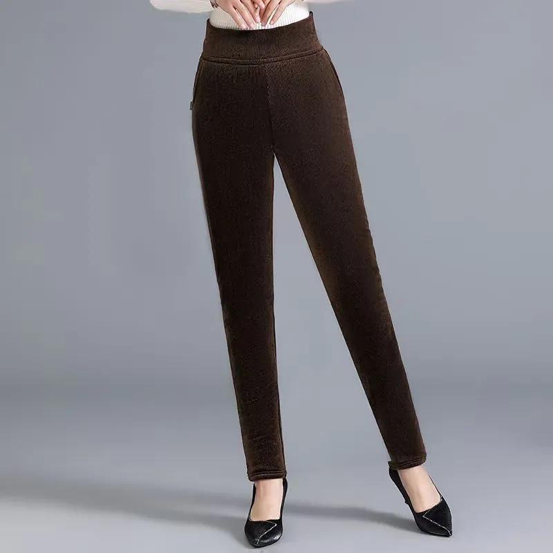 Women Winter Solid Thick High Waist Velvet Pants Loose Outer Wear Elastic Thermal Retro Pencil Trousers