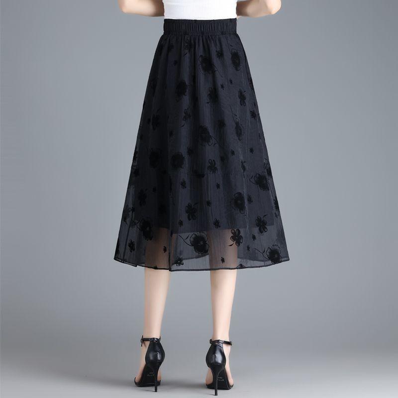 Sommer organza midiskjørt for kvinner Nytt stilig trykt stort svingeskjørt Høyt midje hengende garnskjørt