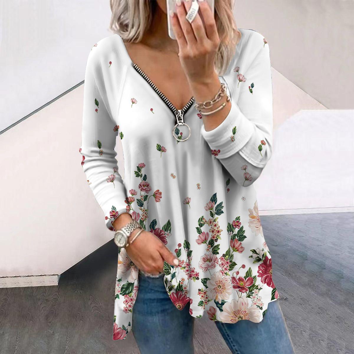 

Женские осенние футболки с длинными рукавами с цветочным принтом и белыми цветами, свободные футболки с v-образным вырезом, большие размеры, топы, удобная блузка 8XL белый