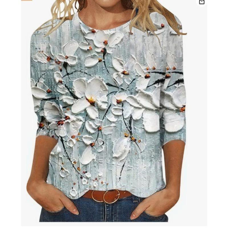 

Круглый вырез 3D этнический стиль Цветы Печатный топ Модные повседневные длинные рукава женские футболки 5XL
