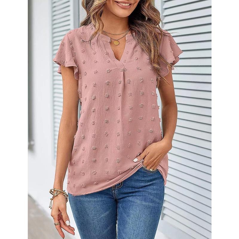 Summer V-neck Floral-sleeved Chiffon Shirt Short-sleeved Women’s T-shirts