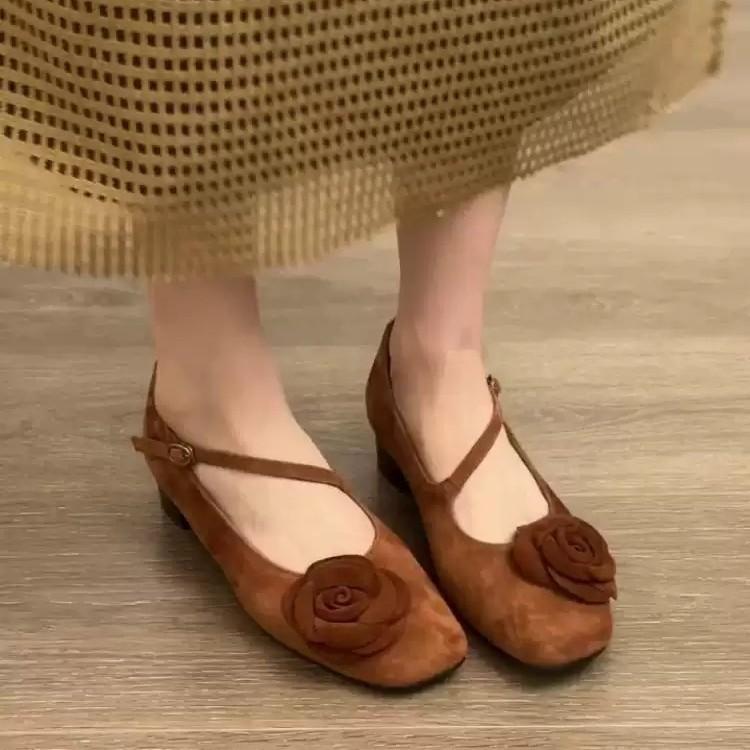 Sheepskin Version~ Retro Square Head Shallow Mouth with Mary Jane Shoes Women's Niche Fashion Flower Commuting Thick Heel Single Shoes