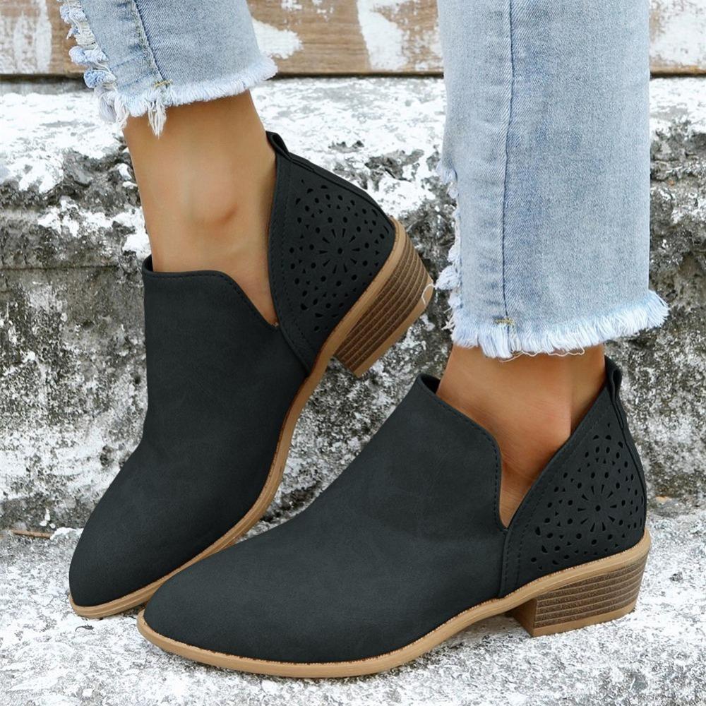 Women's Ankle V Cut Short Boots, Hollow Out Chunky Heel Pointed Toe Shoes, Women's Footwear