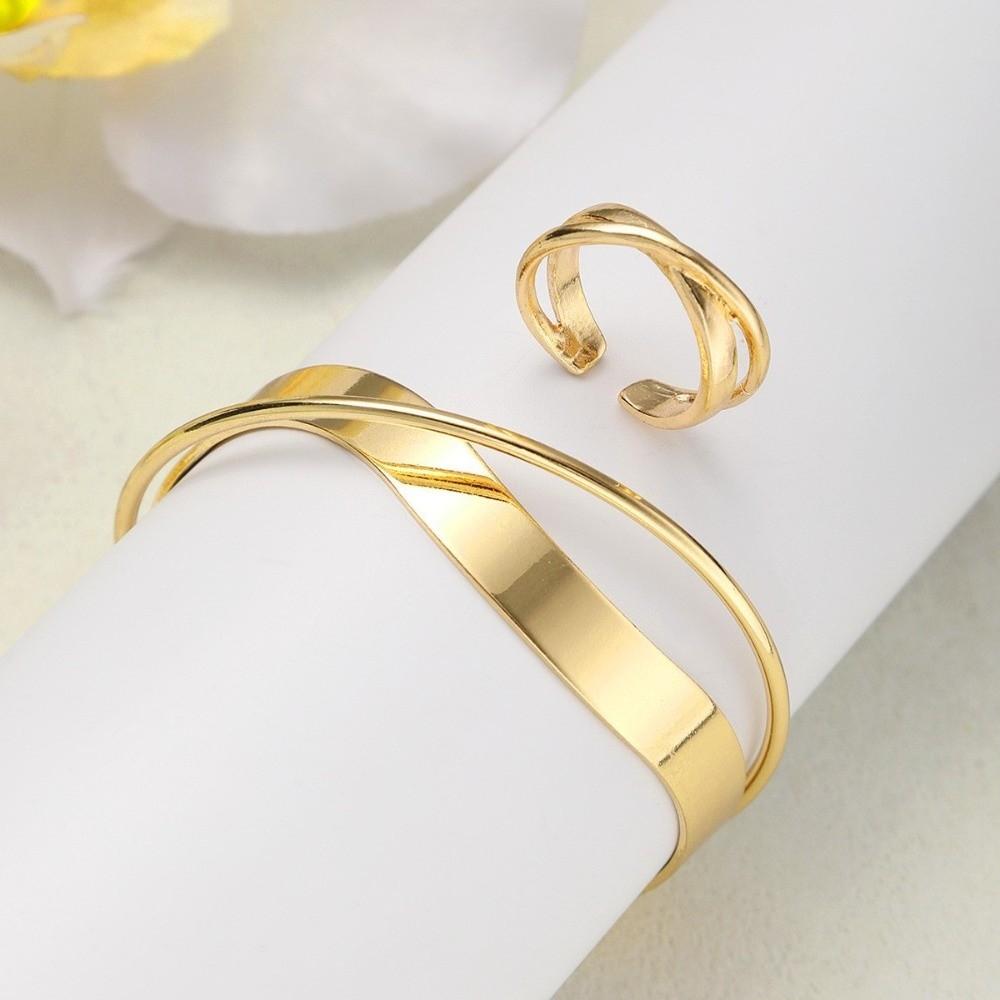 Irregular Ring Opening Bangle Gold Silver Color Stackable Spiral Multilayer Bracelet Geometric Line Wrist Cuff Bangle Ring Set