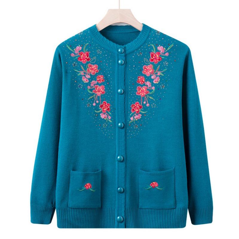 Middle-aged and old embroidered knitted sweater jacket grandma top cardigan long-sleeved sweater casual mom outfit old lady clothes