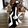 Women Plus Size V Neck Short Sleeve Black White Printed Straight Long Dress
